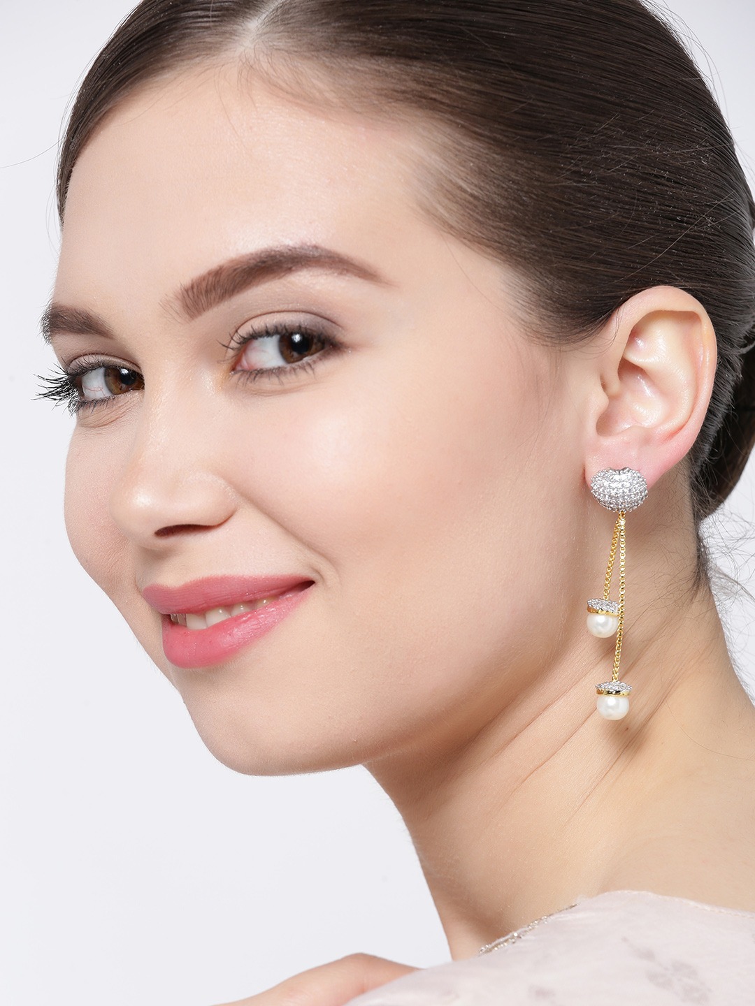 YouBella Gold-Plated Stone-Studded Beaded Tasselled Drop Earrings